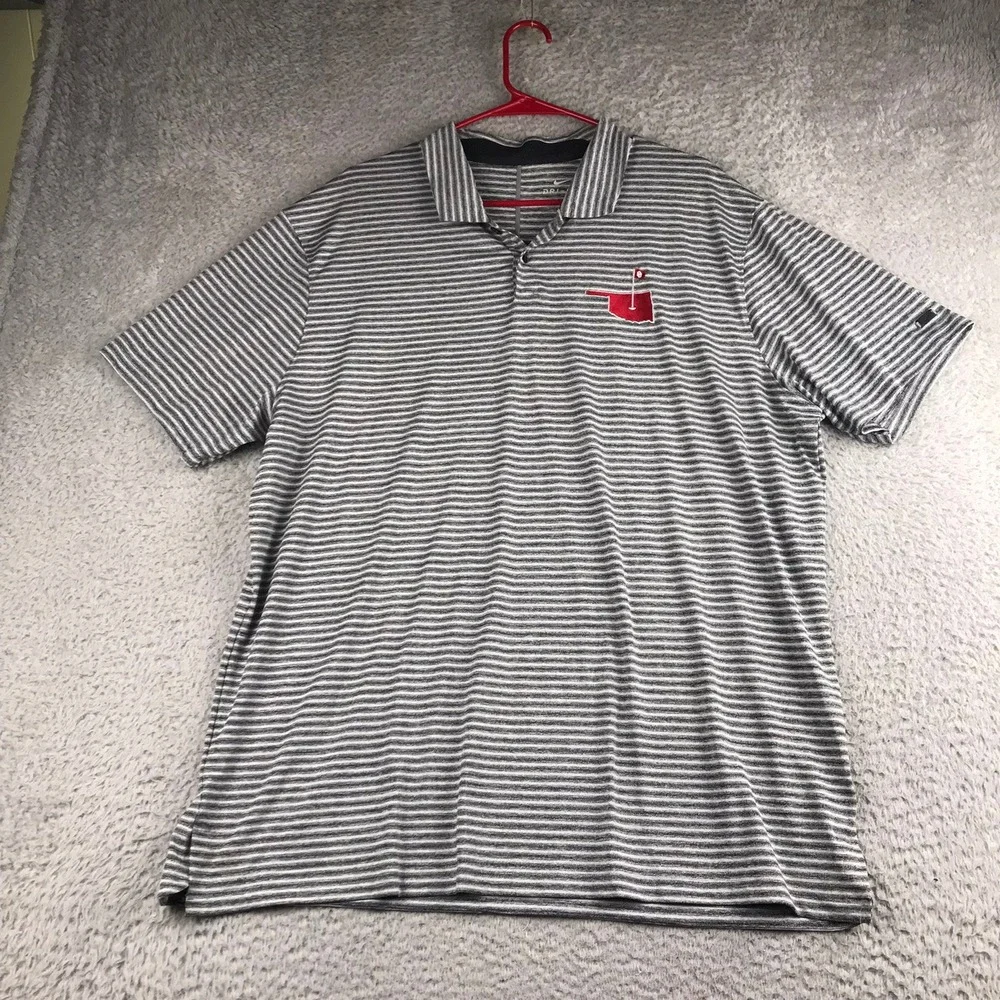 Nike Tiger Woods Golf Polo Shirt Mens XL Grey Striped Oklahoma OU Logo